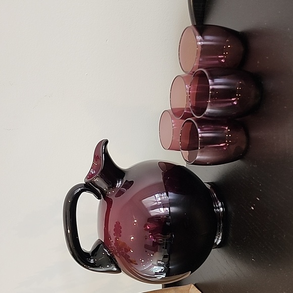 VINTAGE CAMBRIDGE AMETHYST TILT BALL DECANTER  Set With 5 CORDIAL GLASSES - Picture 5 of 11